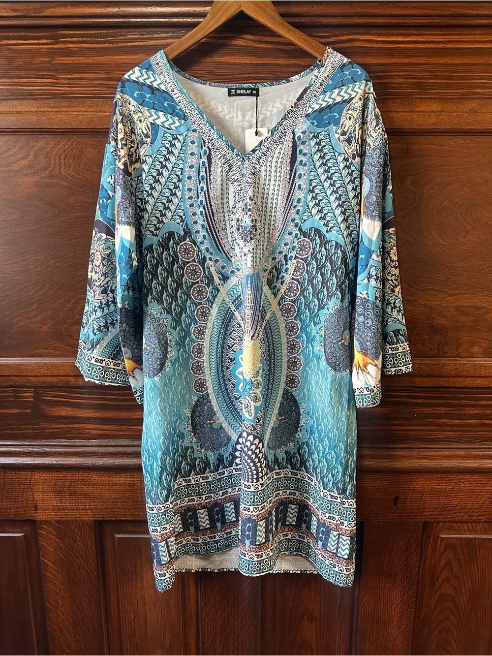 SHEIN Sheilay Blue Mosaic Peacock Print Caftan Dress Medium NWT